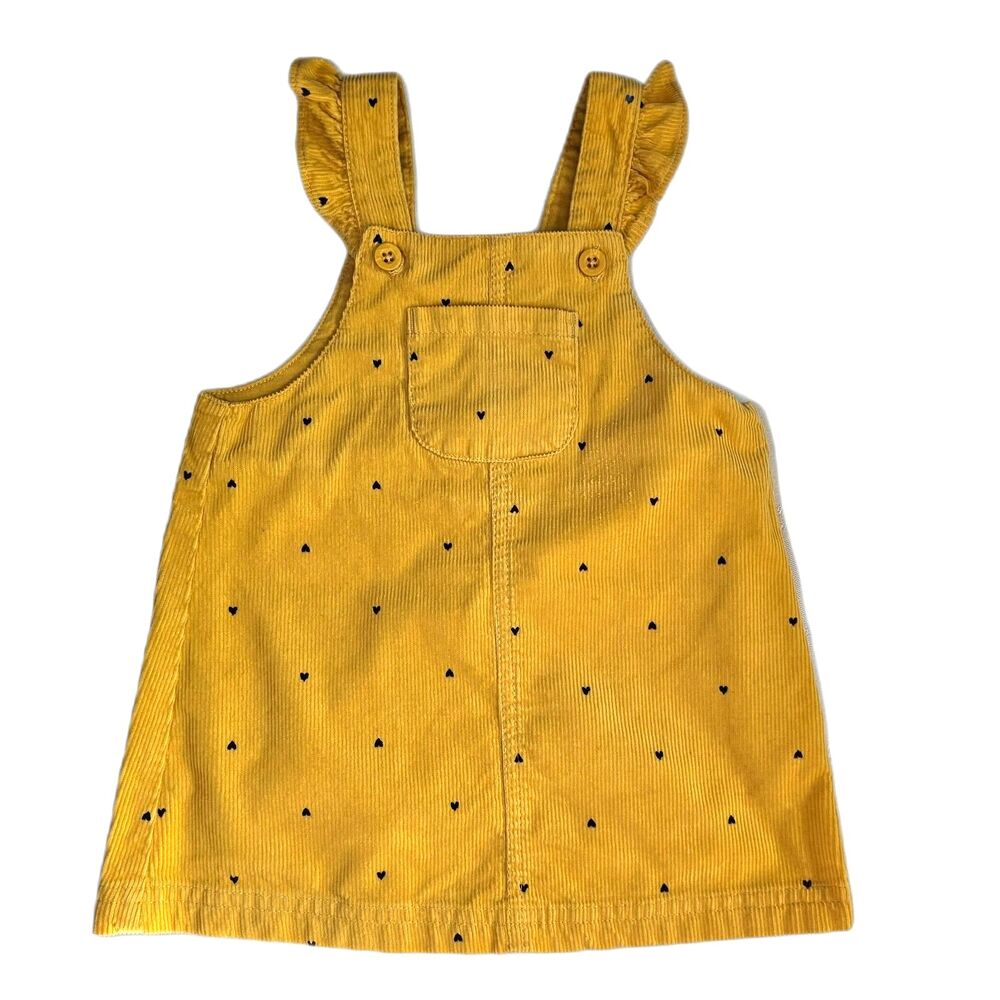 Carter's Yellow Gold Corduroy Jumper Dress with Black Hearts and Ruffles sz 12mo